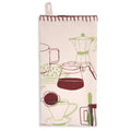 Natural cream tea towel folded lengthwise and hanging vertically, printed with green and burgundy line drawings of coffee pots, mugs, cups, and brewing equipment, with burgundy stitched trim.