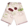 Natural cream coffee tea towel draped in an inverted V shape, displaying overlapping green and burgundy illustrations of coffee makers, cups, and carafes with burgundy stitched edging.