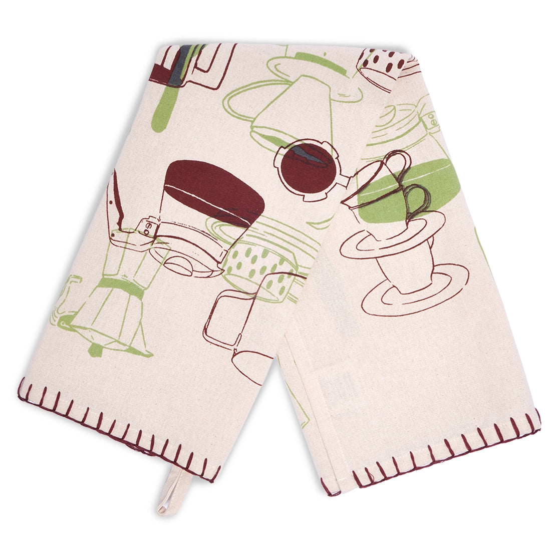 Natural cream coffee tea towel draped in an inverted V shape, displaying overlapping green and burgundy illustrations of coffee makers, cups, and carafes with burgundy stitched edging.