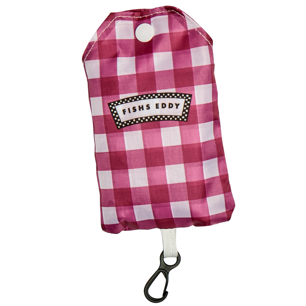 Pink and white checkered pouch with 'Fishs Eddy' branding on a white background