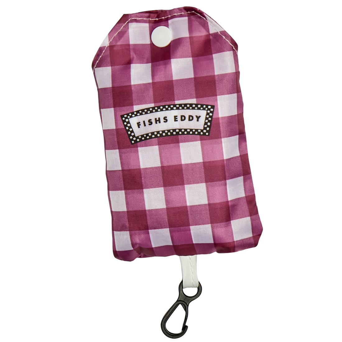 Pink and white checkered pouch with 'Fishs Eddy' branding on a white background