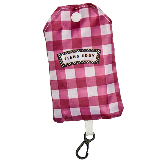 Pink and white checkered pouch with 'Fishs Eddy' branding on a white background