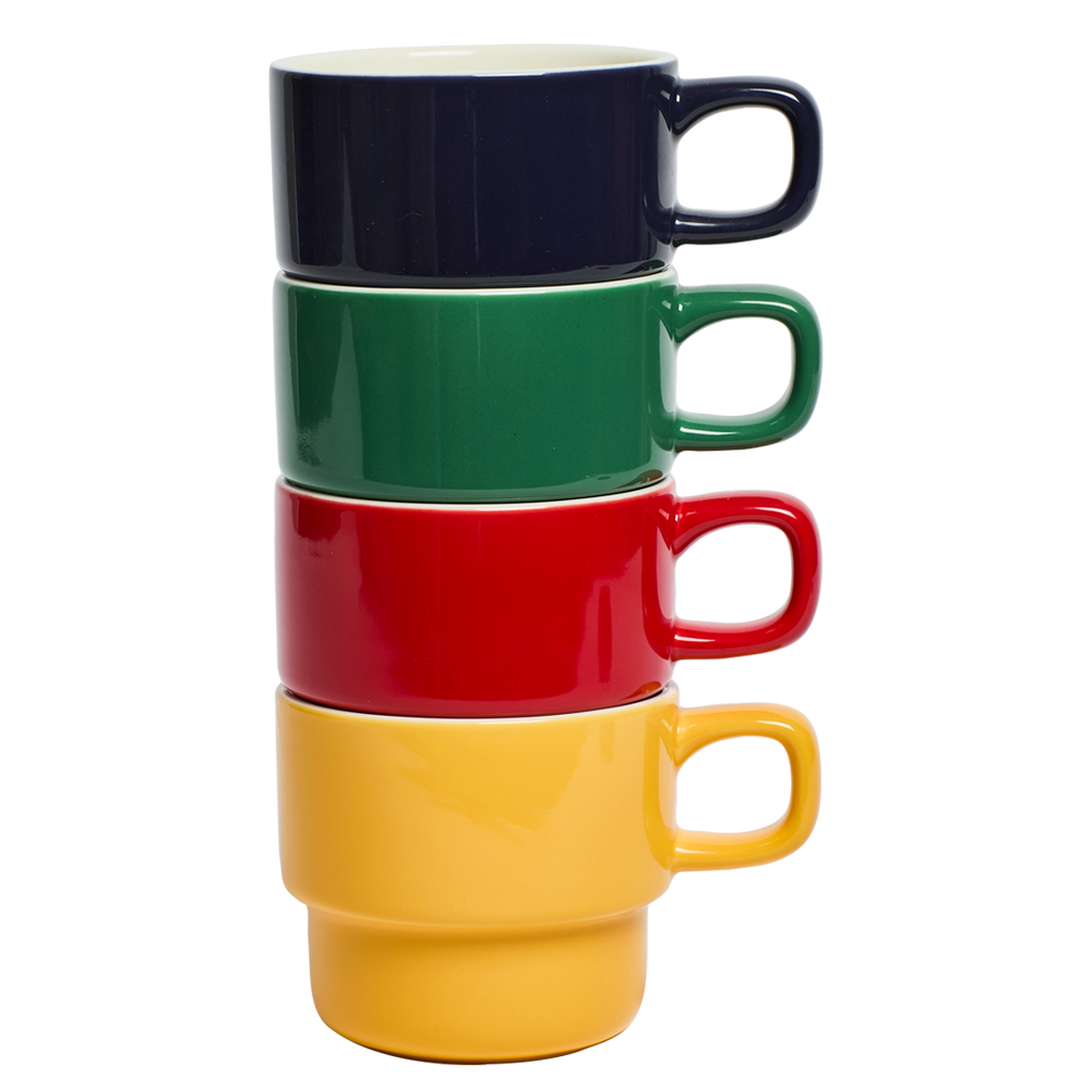 Stack of four colorful mugs in navy, green, red, and yellow on a white background