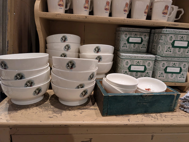 All in the Family pet bowls stacked on a wooden store shelf beside patterned tins